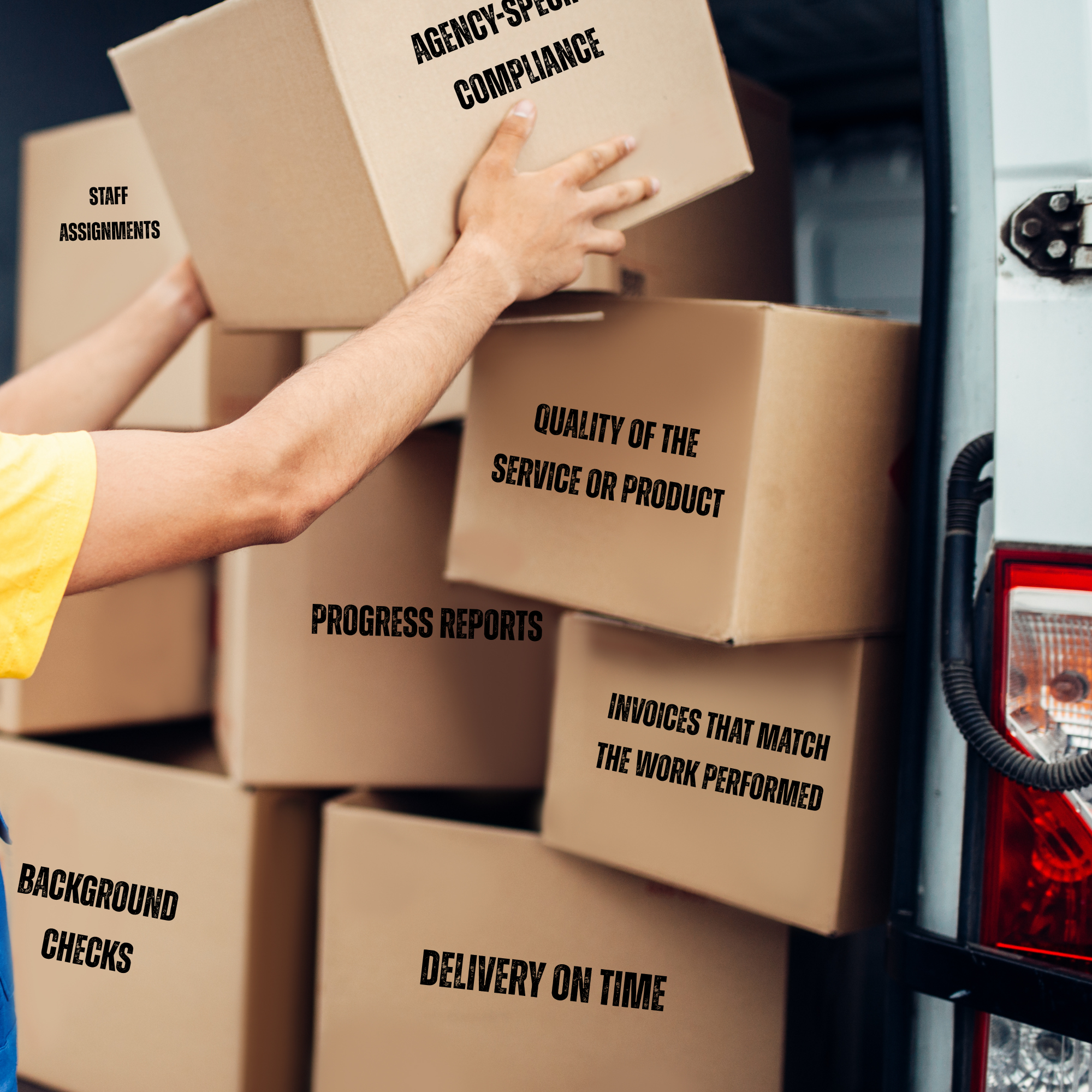 Person unloading boxes labeled with business terms from a vehicle.