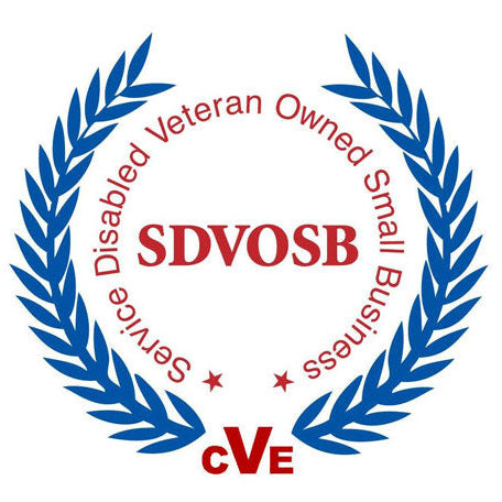 Logo for Service Disabled Veteran Owned Small Business (SDVOSB) with blue laurel wreath and red text on a white background.