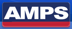 AMPS logo with blue and red background